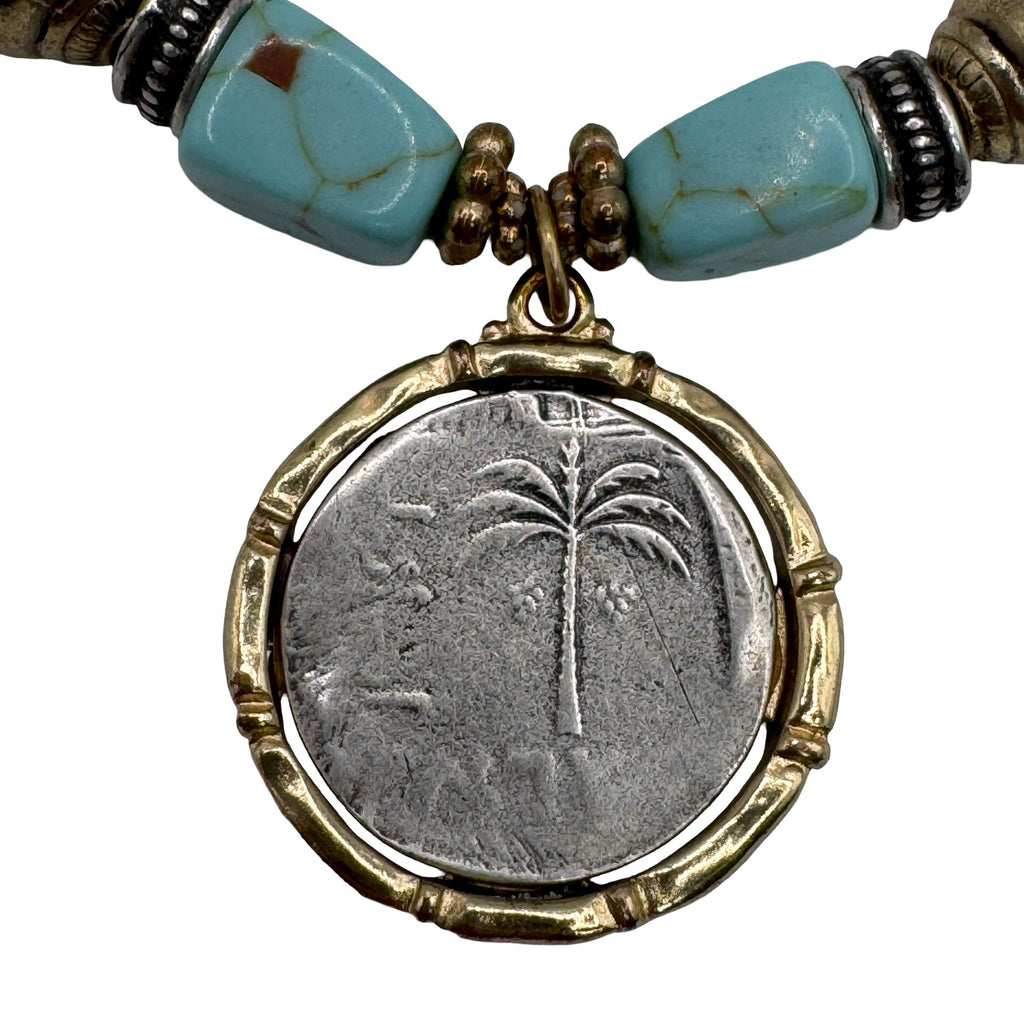 Chicos Beaded Stretch Bracelet Gold Cross Coin Pendant Charm Turquoise Isabel