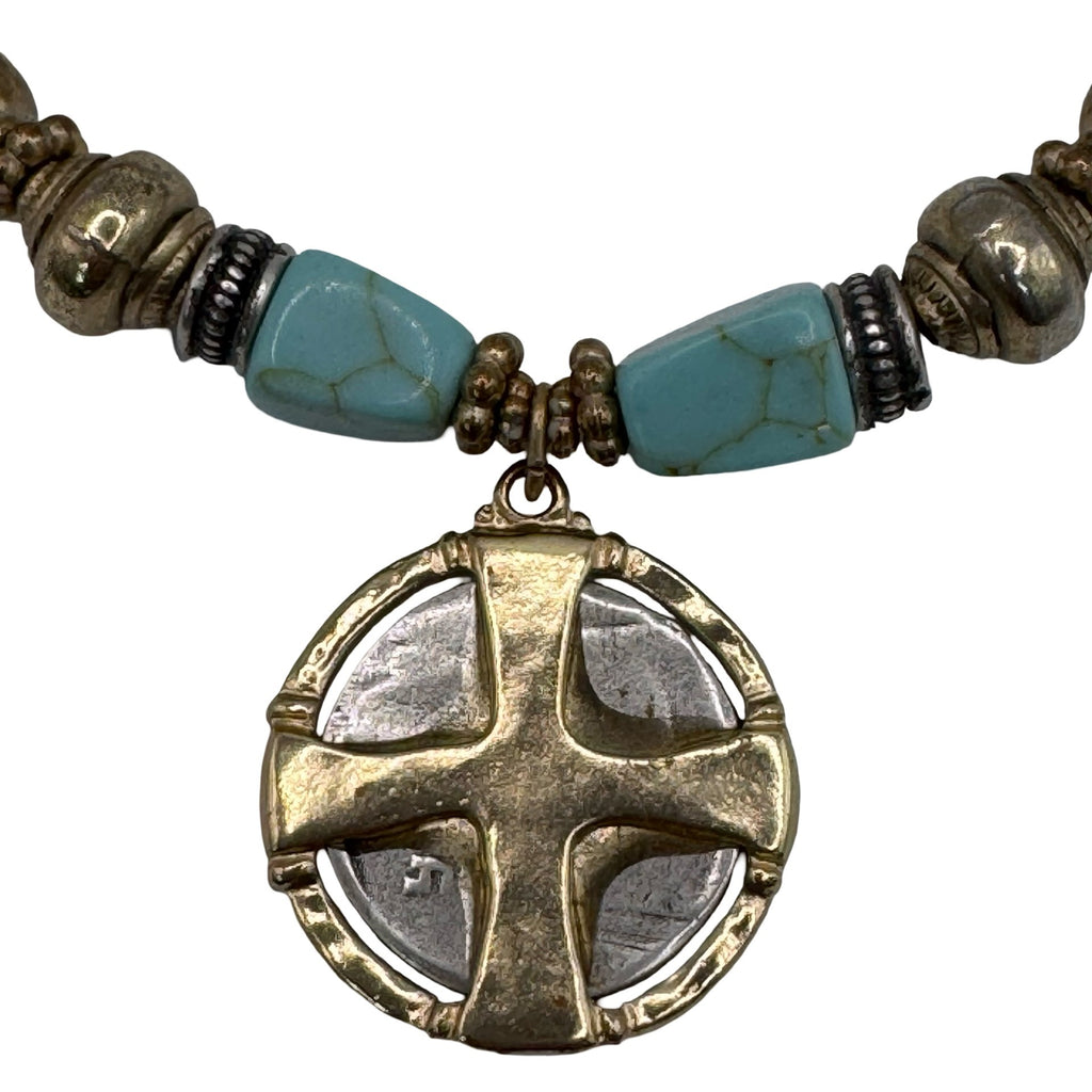 Chicos Beaded Stretch Bracelet Gold Cross Coin Pendant Charm Turquoise Isabel