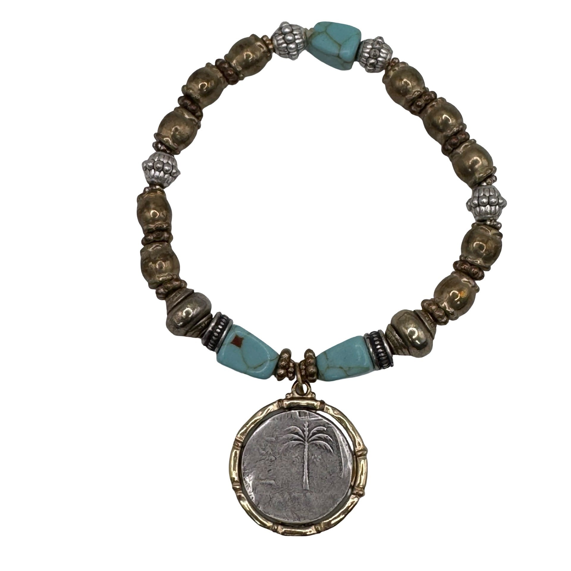 Chicos Beaded Stretch Bracelet Gold Cross Coin Pendant Charm Turquoise Isabel