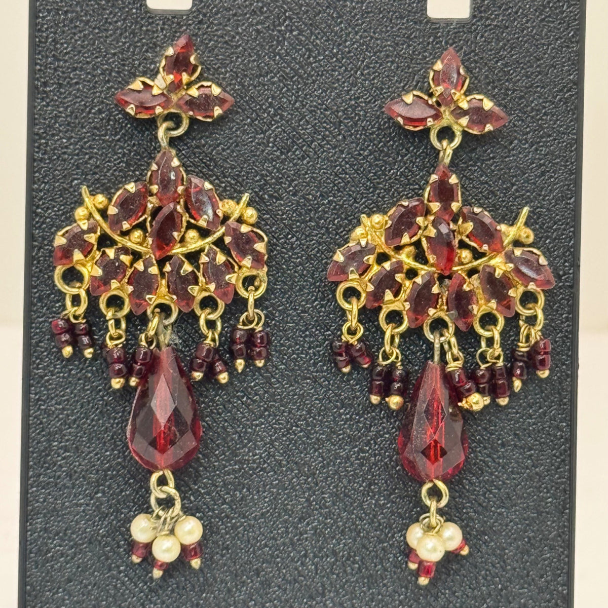 Chandelier Garnet Bohemian Cluster Red Rhinestone Dangle Earrings Faux Pearl 2.5"