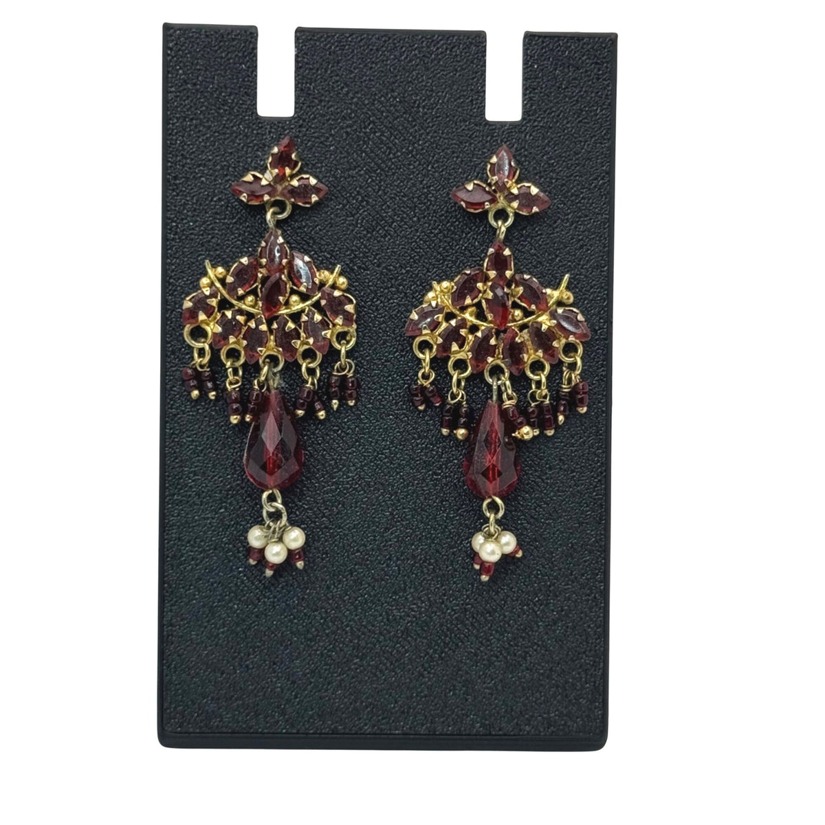 Chandelier Garnet Bohemian Cluster Red Rhinestone Dangle Earrings Faux Pearl 2.5"