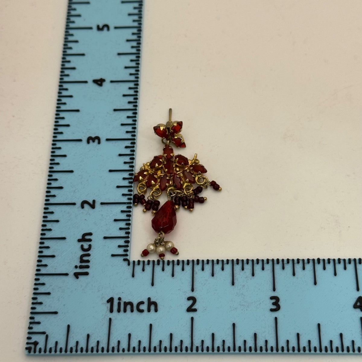 Chandelier Garnet Bohemian Cluster Red Rhinestone Dangle Earrings Faux Pearl 2.5"