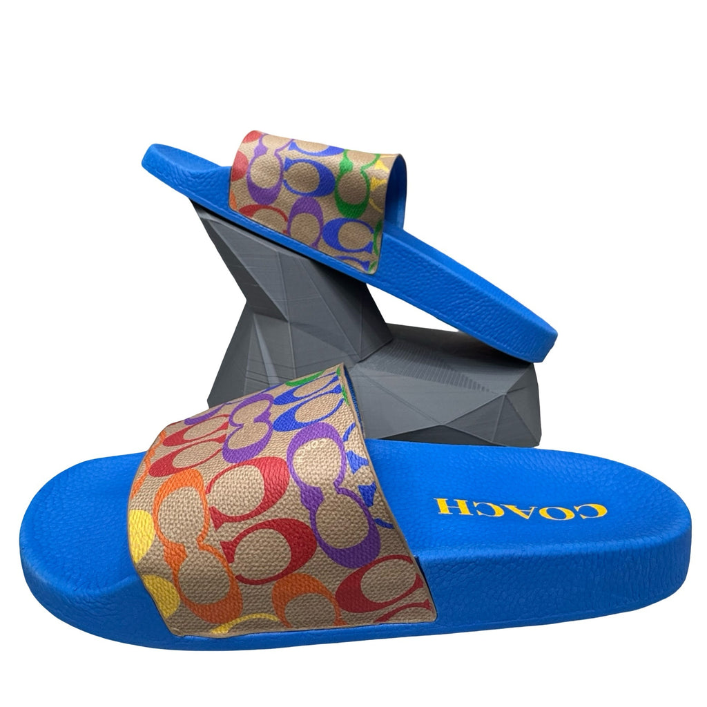 Coach Pride Multi-Color Signature Slide Sandals Blue US 11 Mens Beach Resort