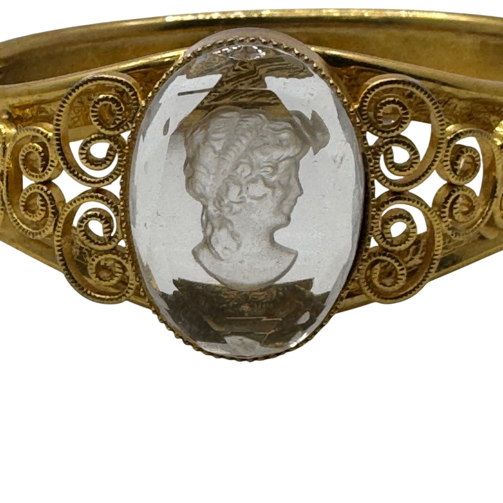 Glass Cameo Gold Tone Vintage Bracelet Ornate Filigree Design Hinged Clasp 6.5"