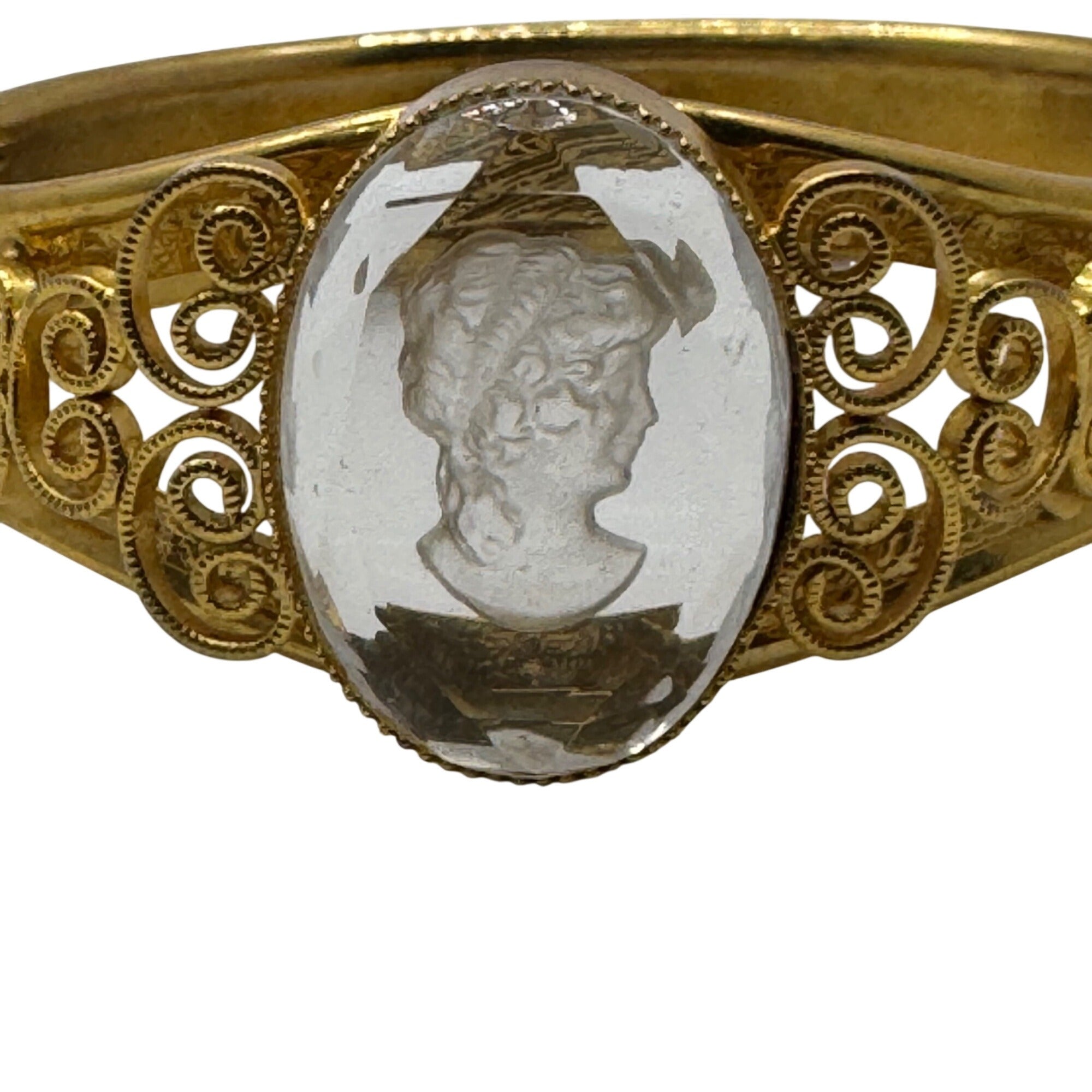 Glass Cameo Gold Tone Vintage Bracelet Ornate Filigree Design Hinged Clasp 6.5"