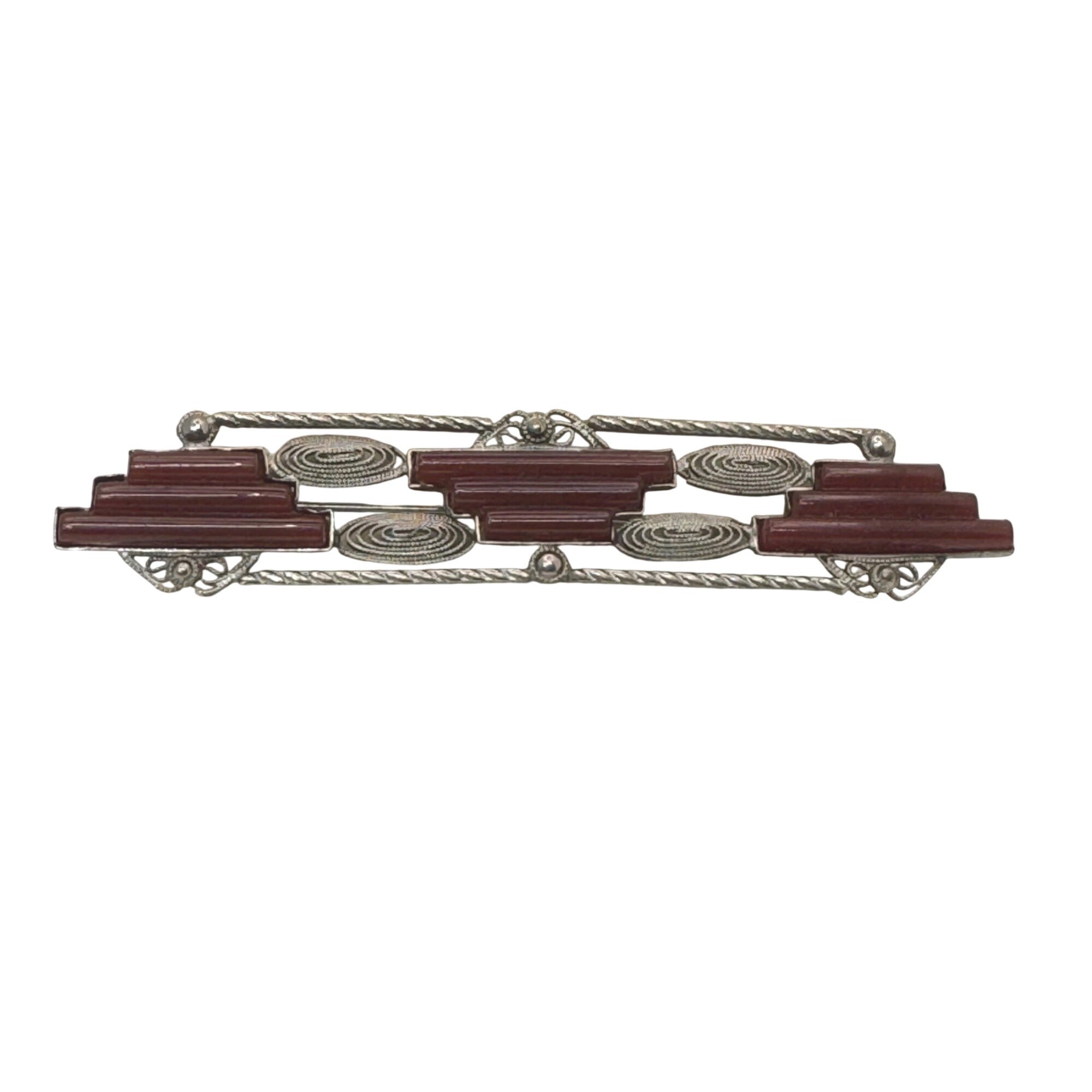 Art Deco Czechoslovakian Red Glass Silver Tone Bar Brooch Geometric 4" Vintage