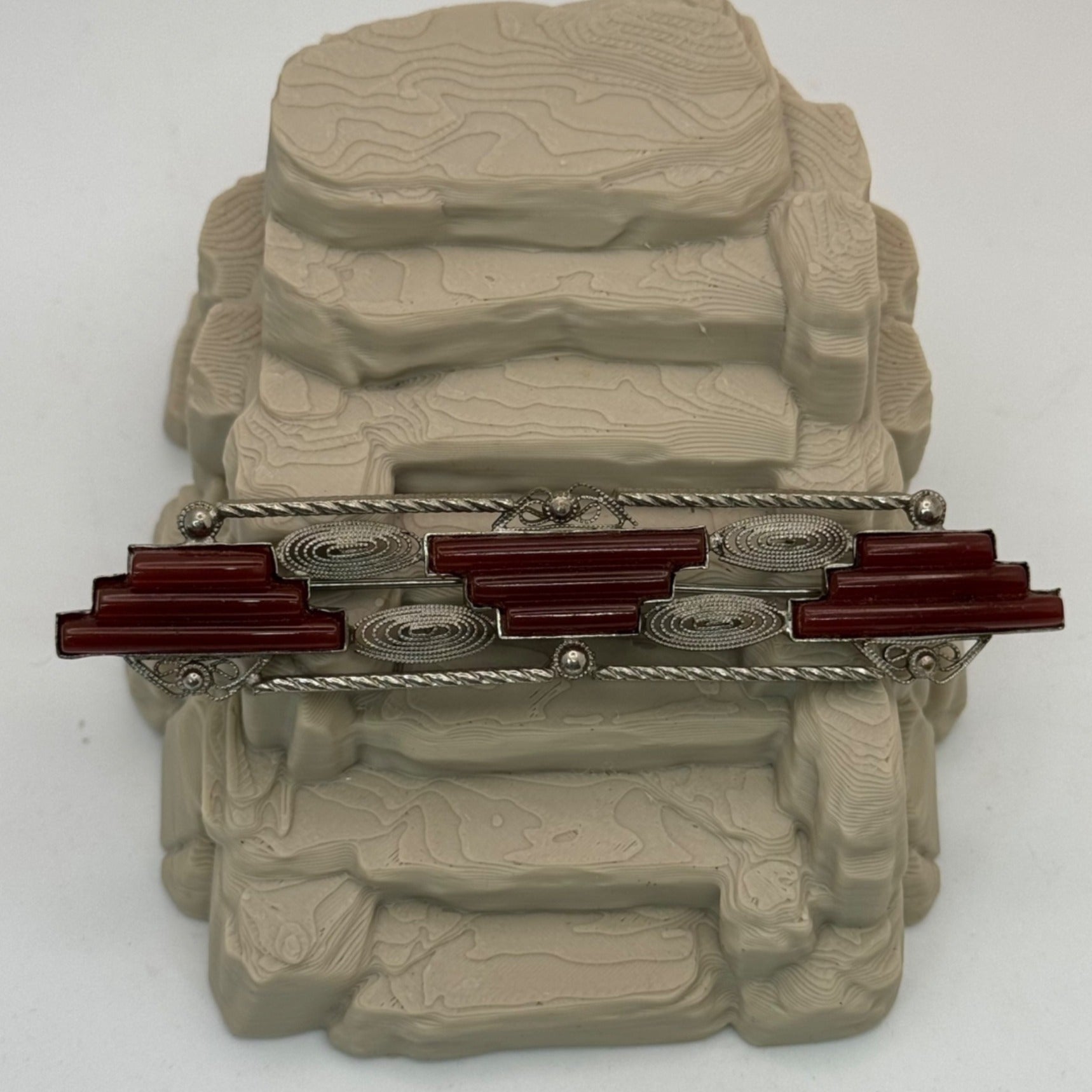 Art Deco Czechoslovakian Red Glass Silver Tone Bar Brooch Geometric 4" Vintage