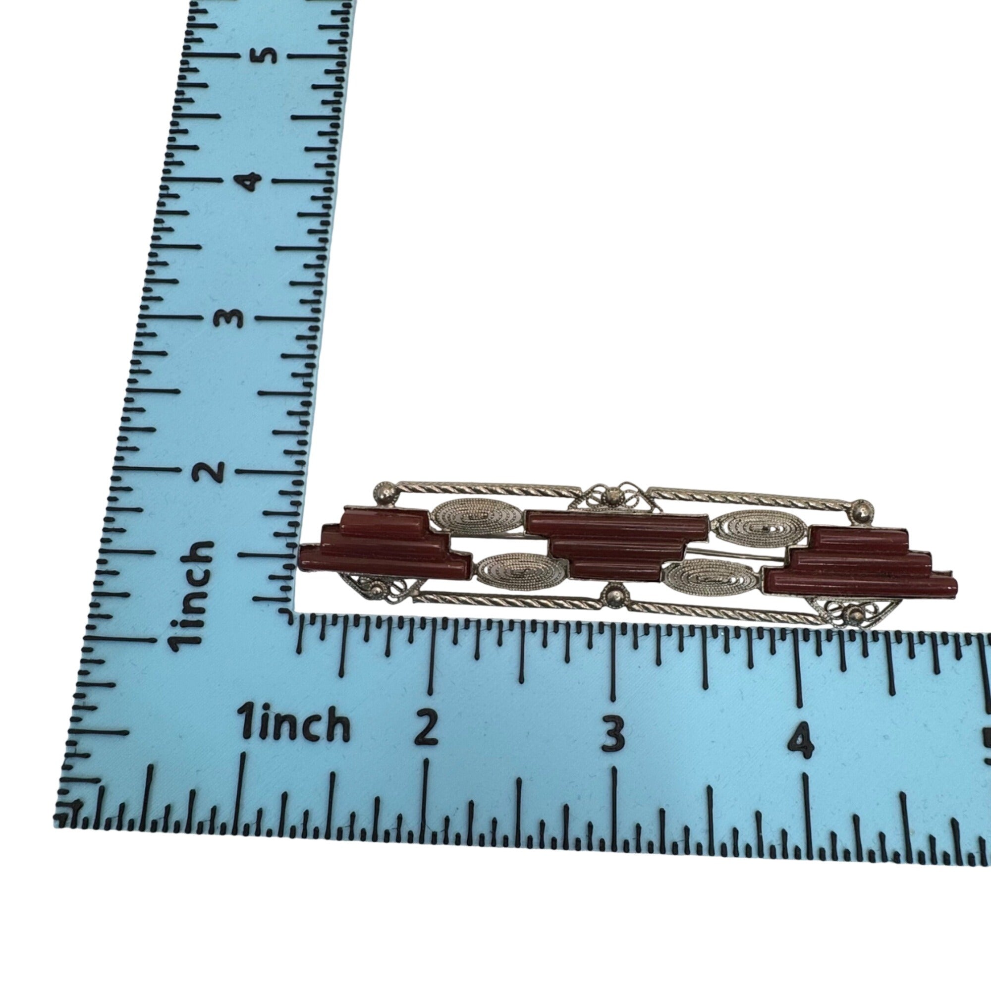 Art Deco Czechoslovakian Red Glass Silver Tone Bar Brooch Geometric 4" Vintage