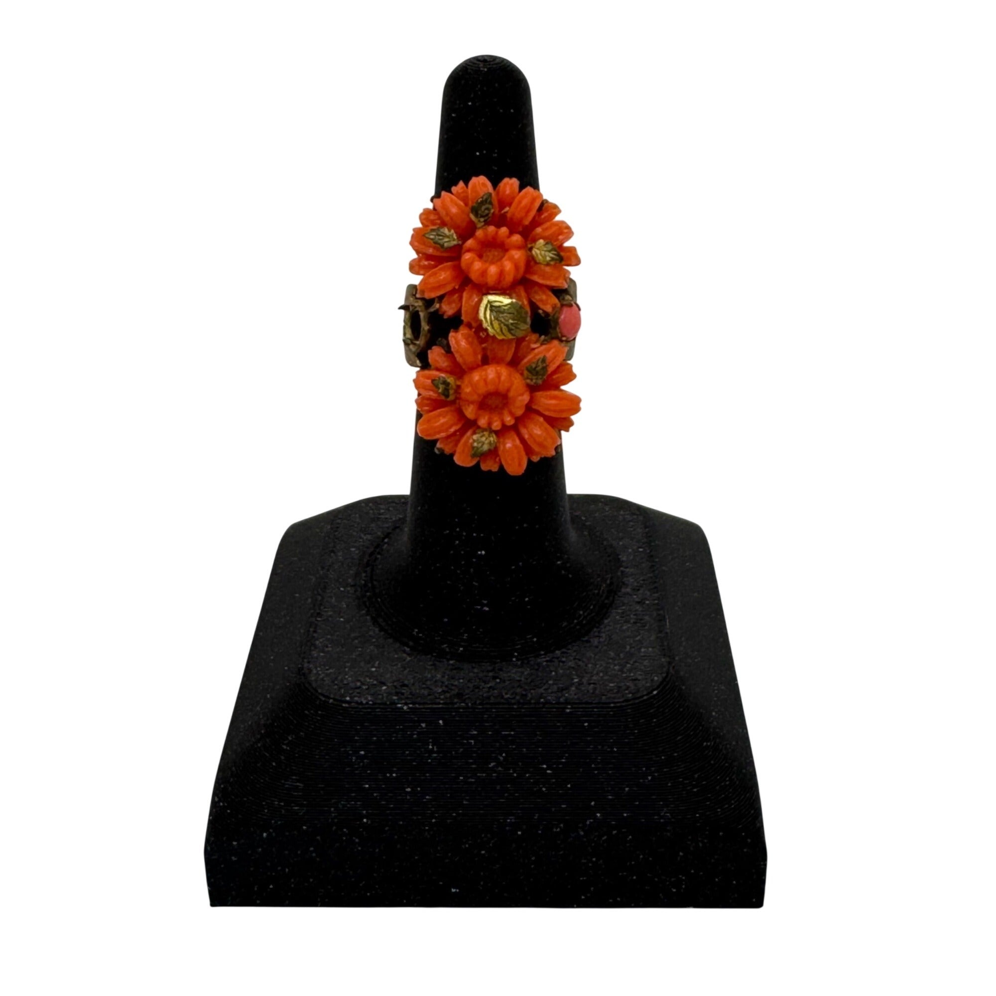 Vintage Carved Celluloid Faux Coral Adjustable Floral Ring Orange Flower Estate