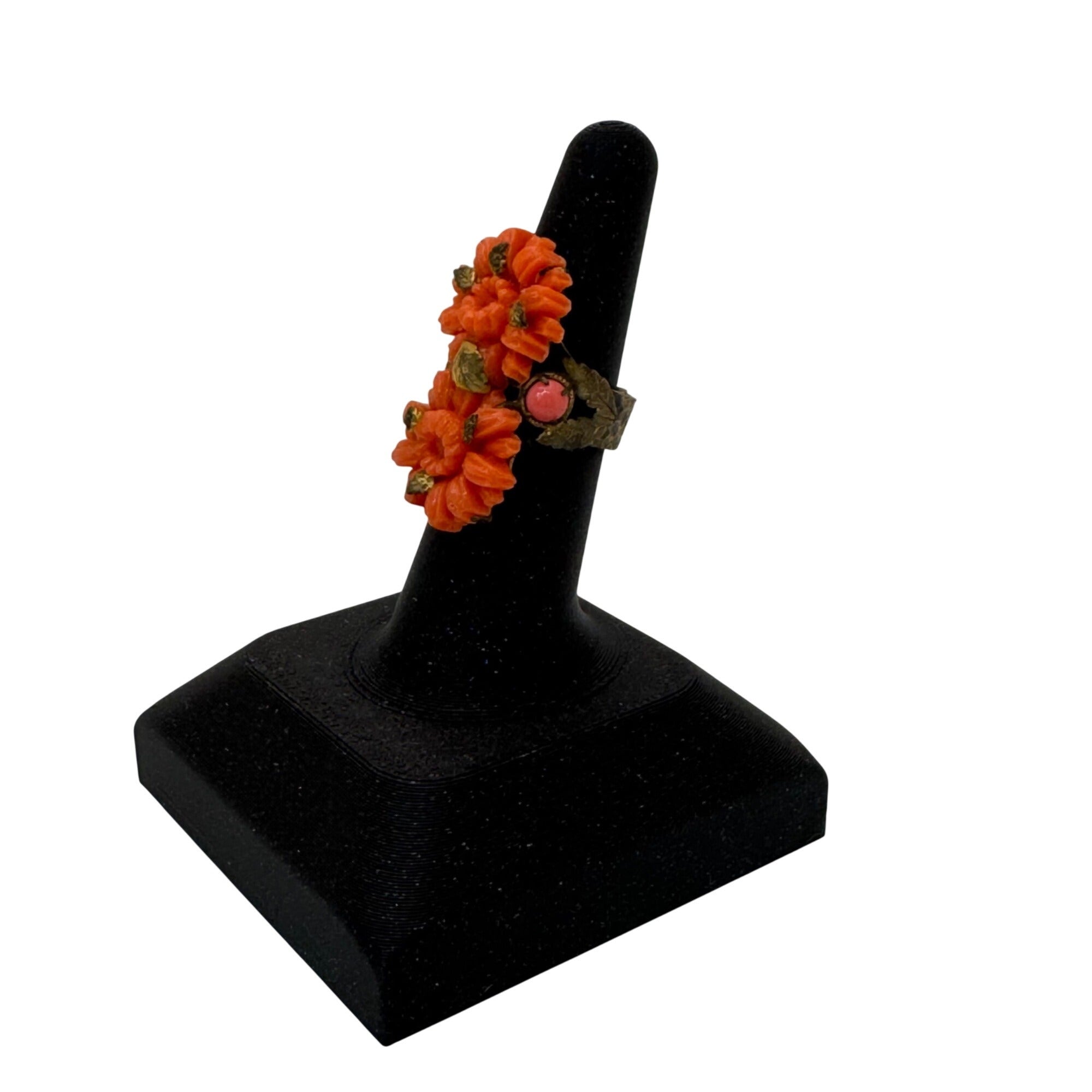 Vintage Carved Celluloid Faux Coral Adjustable Floral Ring Orange Flower Estate