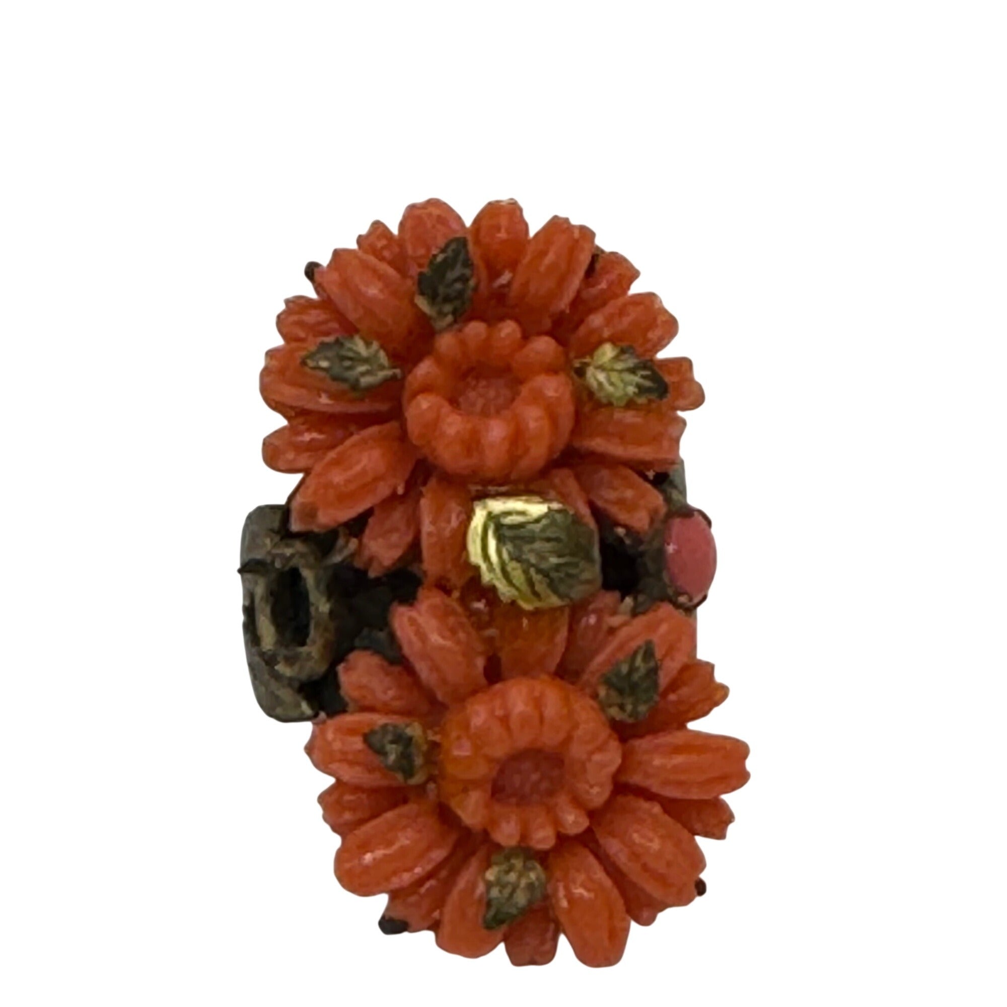 Vintage Carved Celluloid Faux Coral Adjustable Floral Ring Orange Flower Estate