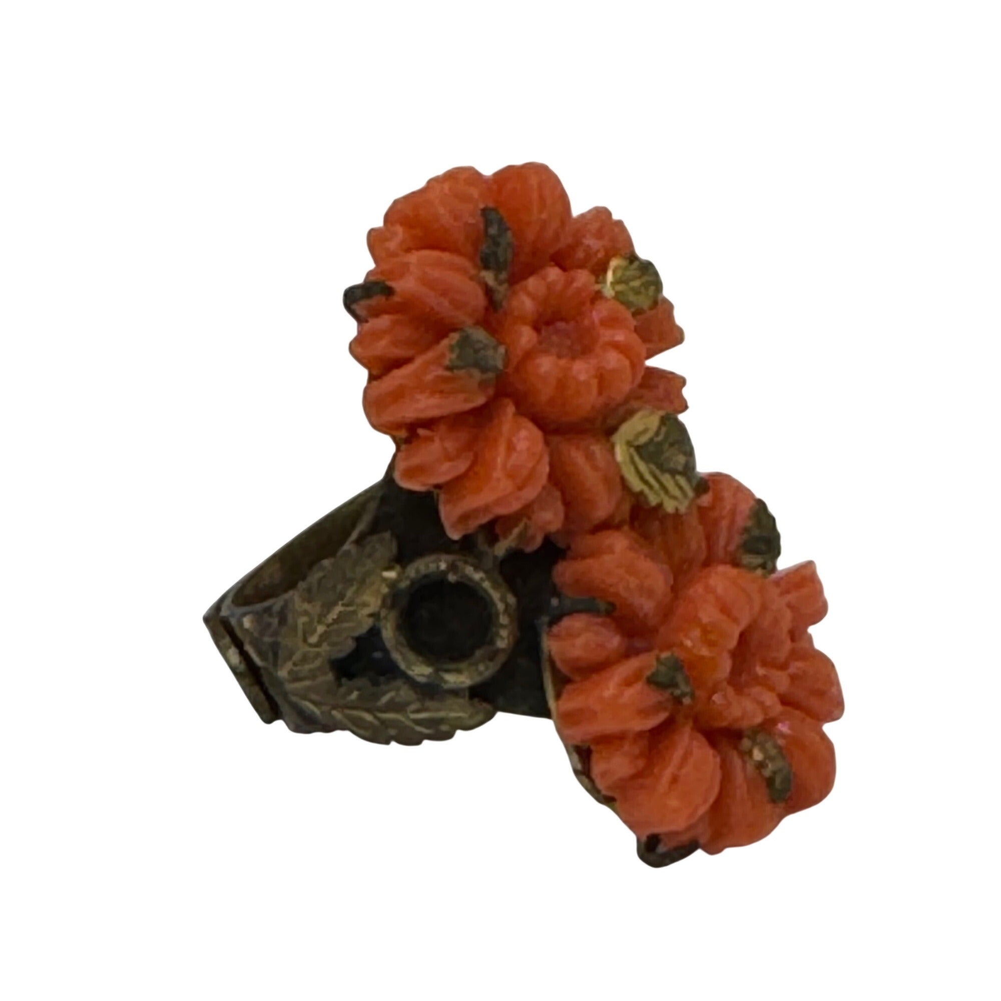 Vintage Carved Celluloid Faux Coral Adjustable Floral Ring Orange Flower Estate