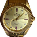 Elgin Gold-Tone Diamond Quartz Womens Watch Ruby Acc Stainless Steel Champagne