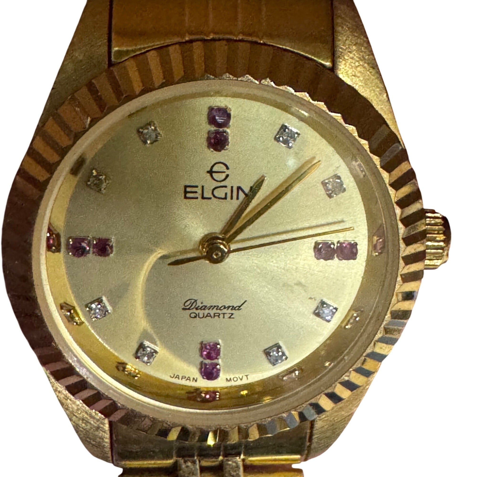 Elgin Gold-Tone Diamond Quartz Womens Watch Ruby Acc Stainless Steel Champagne