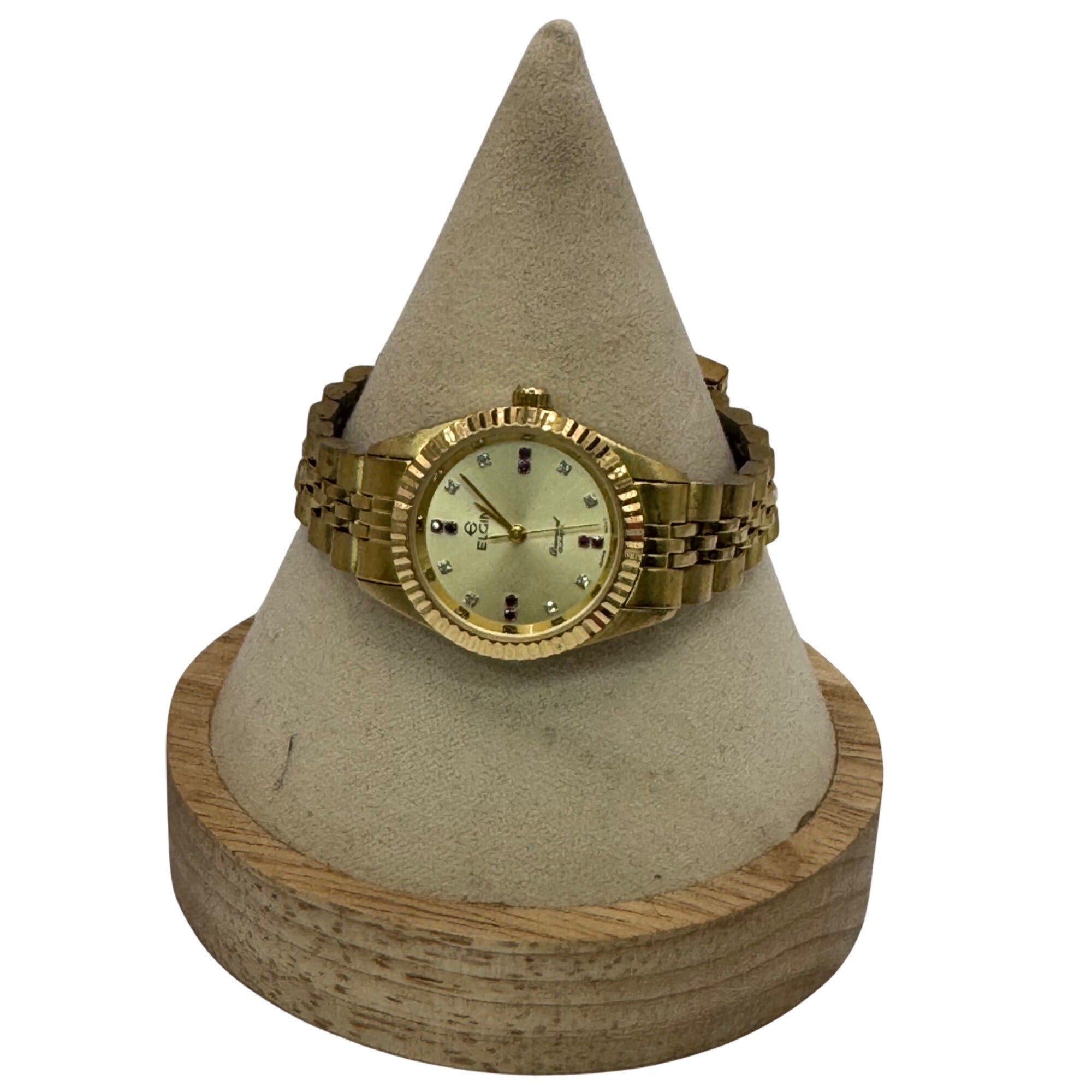 Elgin Gold-Tone Diamond Quartz Womens Watch Ruby Acc Stainless Steel Champagne