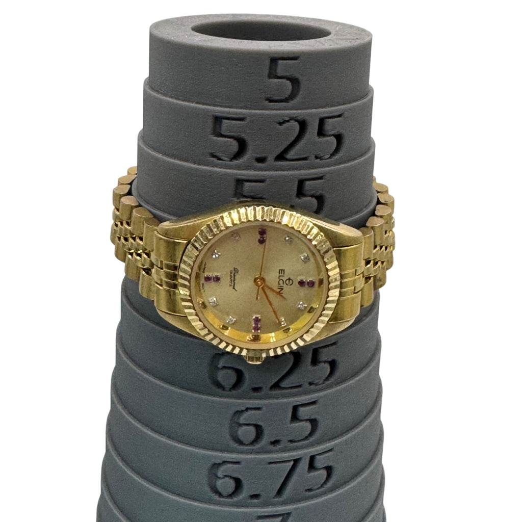 Elgin Gold-Tone Diamond Quartz Womens Watch Ruby Acc Stainless Steel Champagne