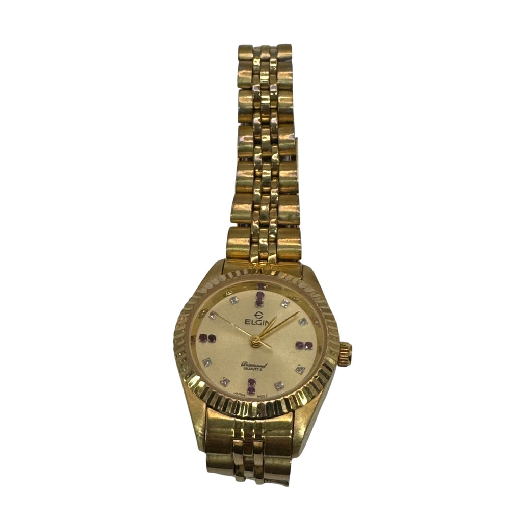 Elgin Gold-Tone Diamond Quartz Womens Watch Ruby Acc Stainless Steel Champagne