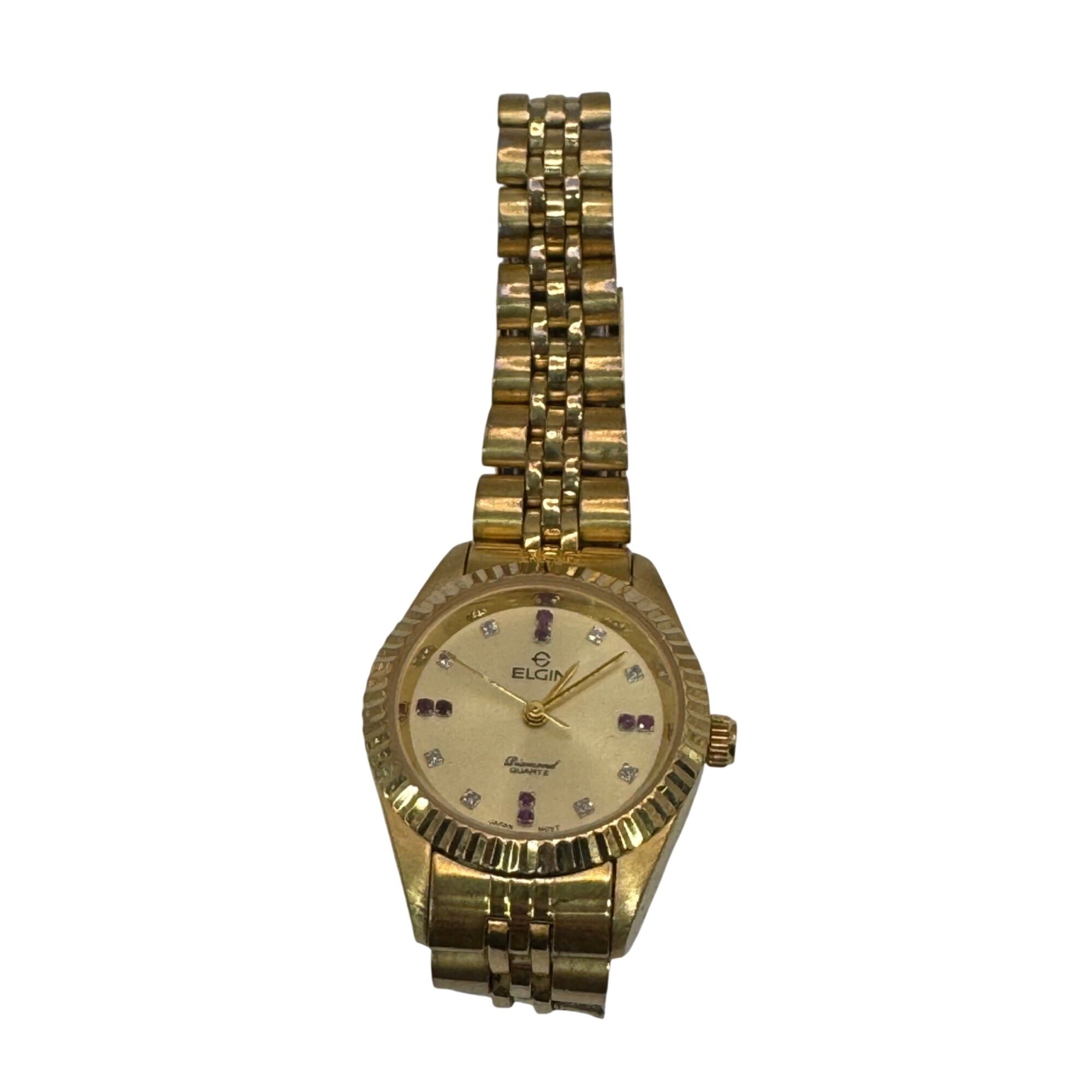 Elgin Gold-Tone Diamond Quartz Womens Watch Ruby Acc Stainless Steel Champagne