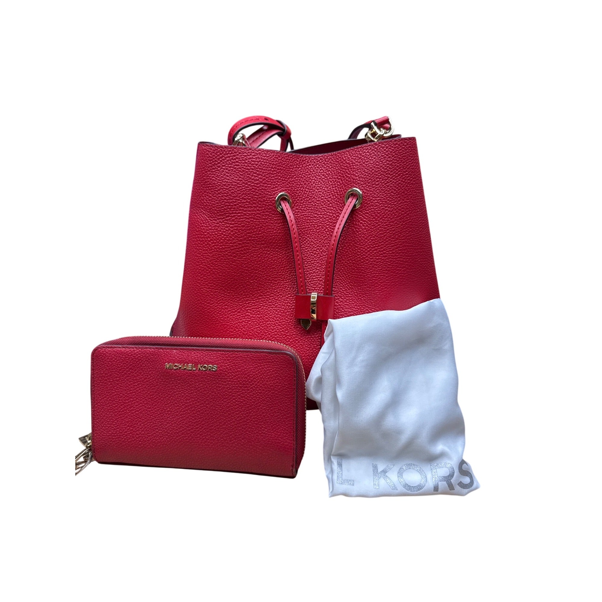 Michael Kors Red Pebbled Leather Bucket Bag Purse Wallet Set Dust Bag Gift NEW