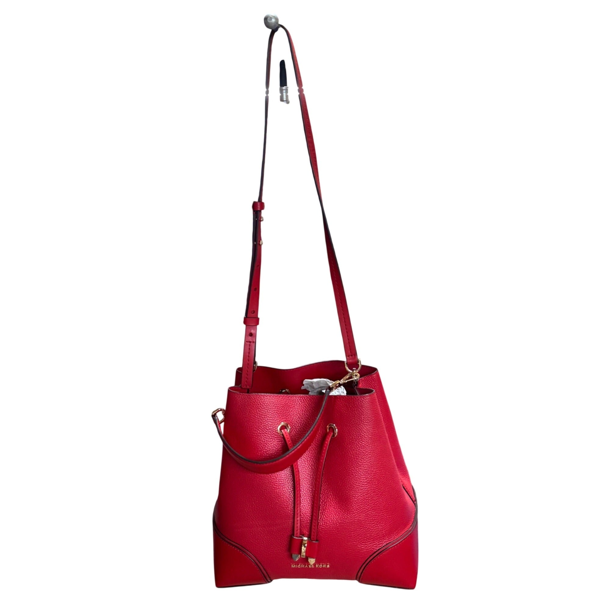 Michael Kors Red Pebbled Leather Bucket Bag Purse Wallet Set Dust Bag Gift NEW
