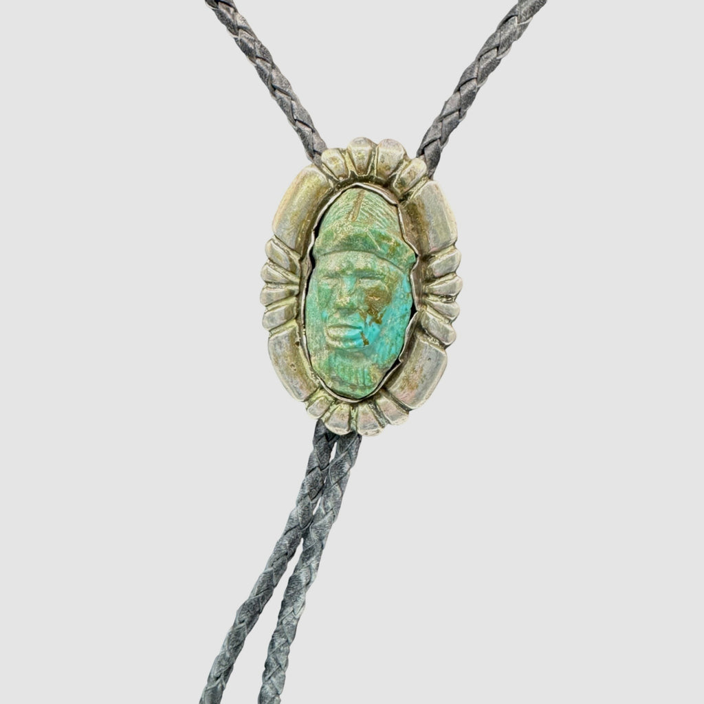 Native American Navajo Carved Turquoise Sterling Silver Medicine Man Bolo Tie 3"
