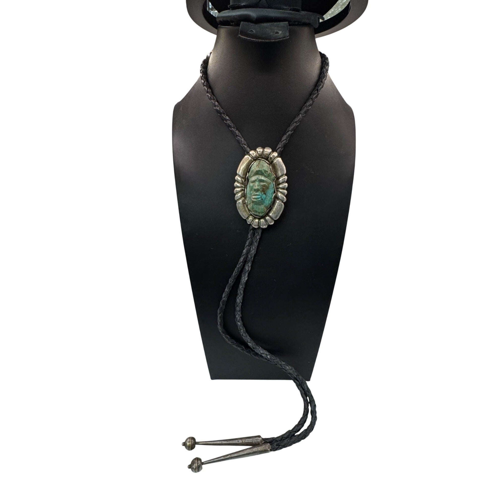 Native American Navajo Carved Turquoise Sterling Silver Medicine Man Bolo Tie 3"