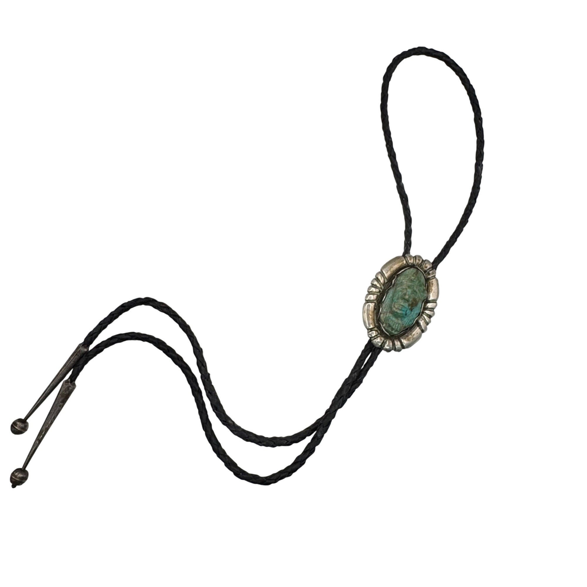 Native American Navajo Carved Turquoise Sterling Silver Medicine Man Bolo Tie 3"