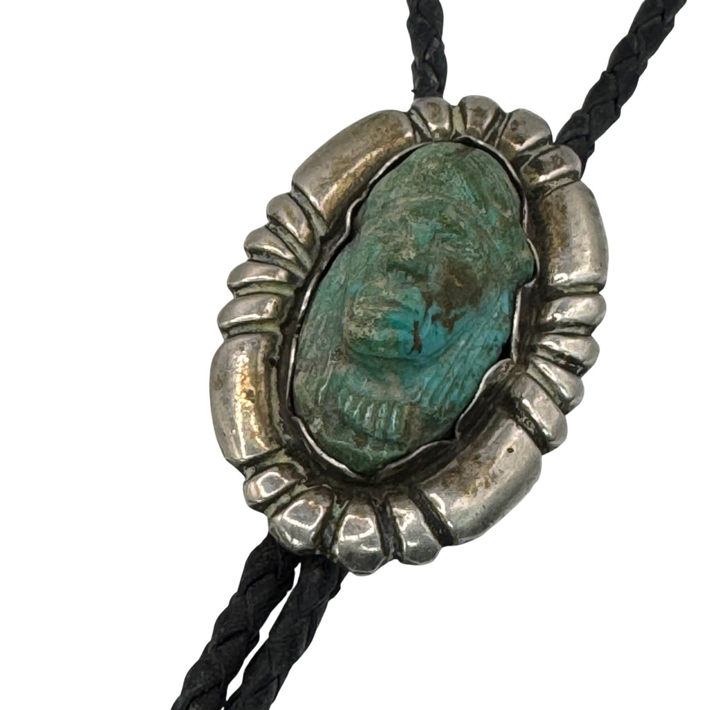 Native American Navajo Carved Turquoise Sterling Silver Medicine Man Bolo Tie 3"