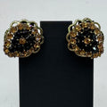 Vintage Weiss Clip-On Earrings Black Citrine AB Rhinestones Gold-Tone Floral 1"
