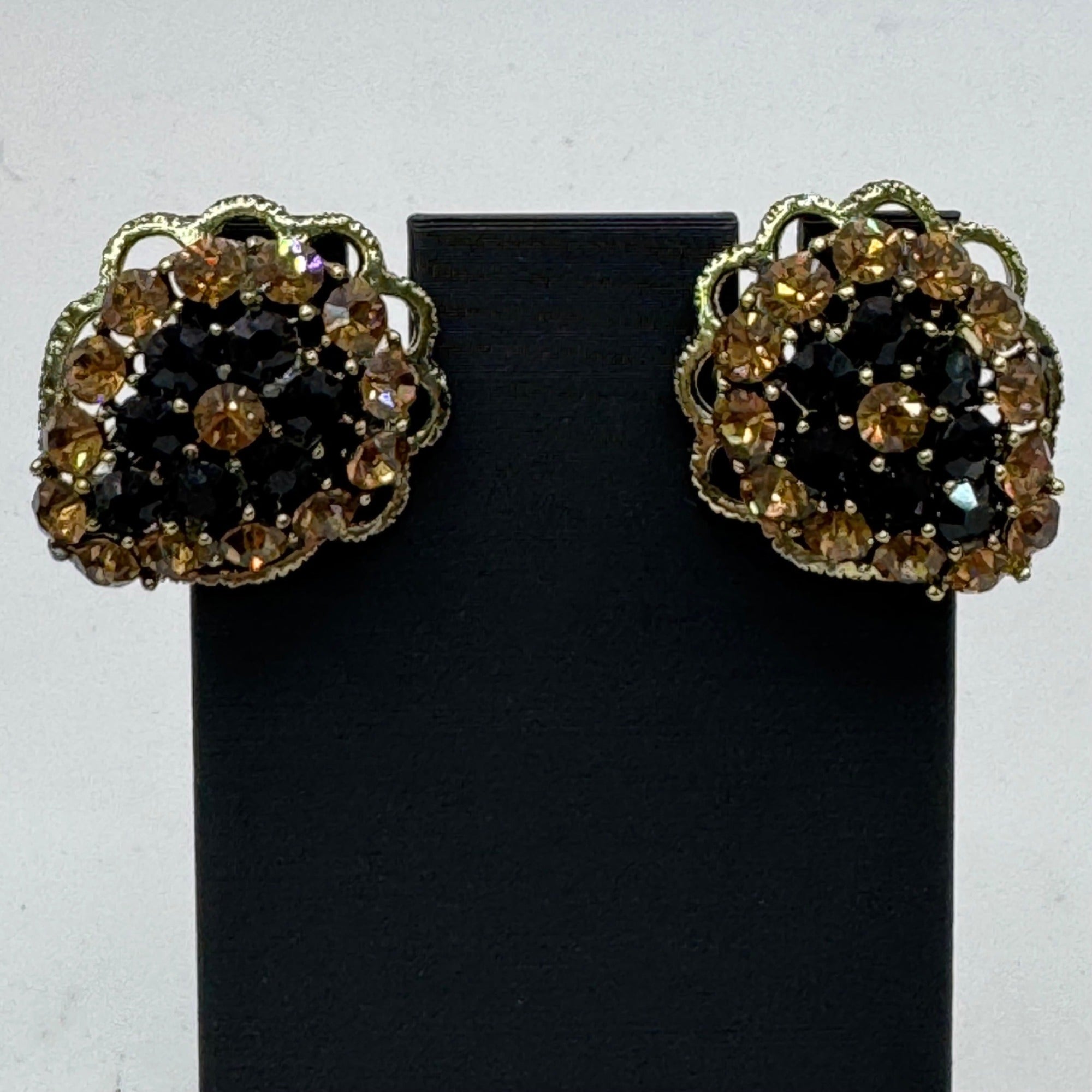 Vintage Weiss Clip-On Earrings Black Citrine AB Rhinestones Gold-Tone Floral 1"