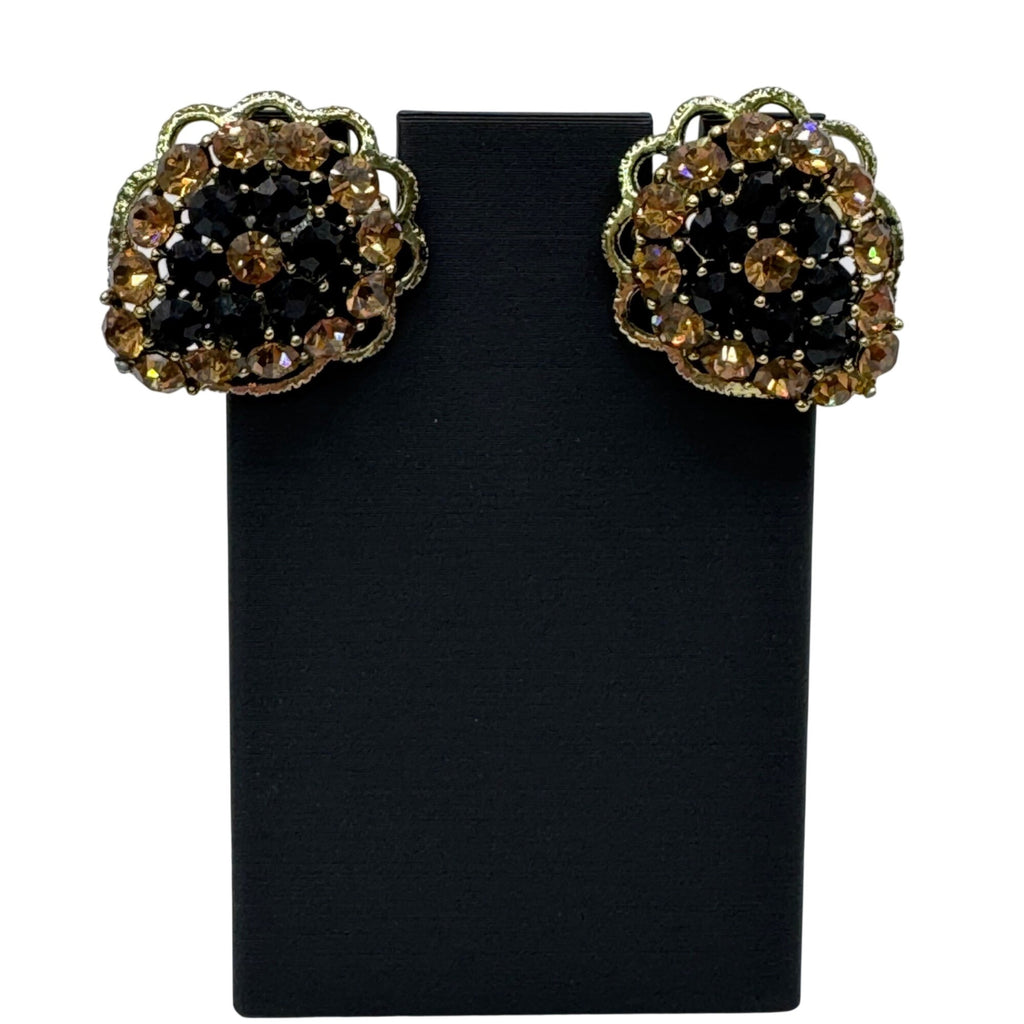 Vintage Weiss Clip-On Earrings Black Citrine AB Rhinestones Gold-Tone Floral 1"