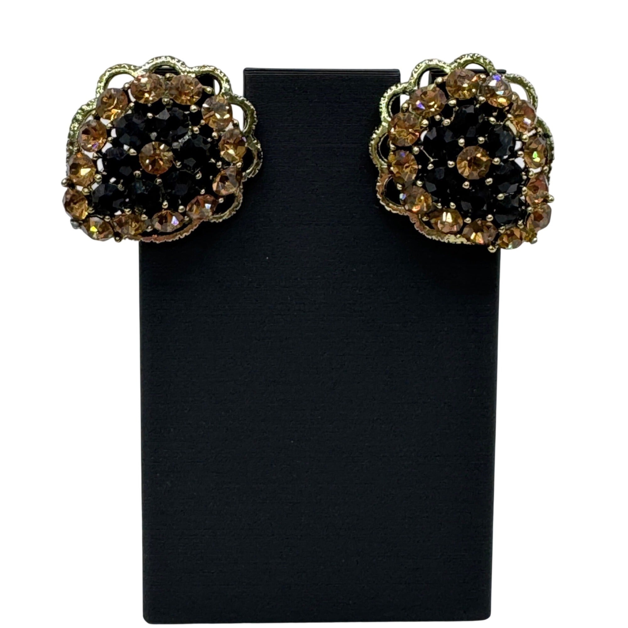 Vintage Weiss Clip-On Earrings Black Citrine AB Rhinestones Gold-Tone Floral 1"