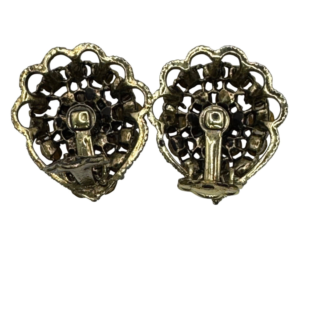 Vintage Weiss Clip-On Earrings Black Citrine AB Rhinestones Gold-Tone Floral 1"