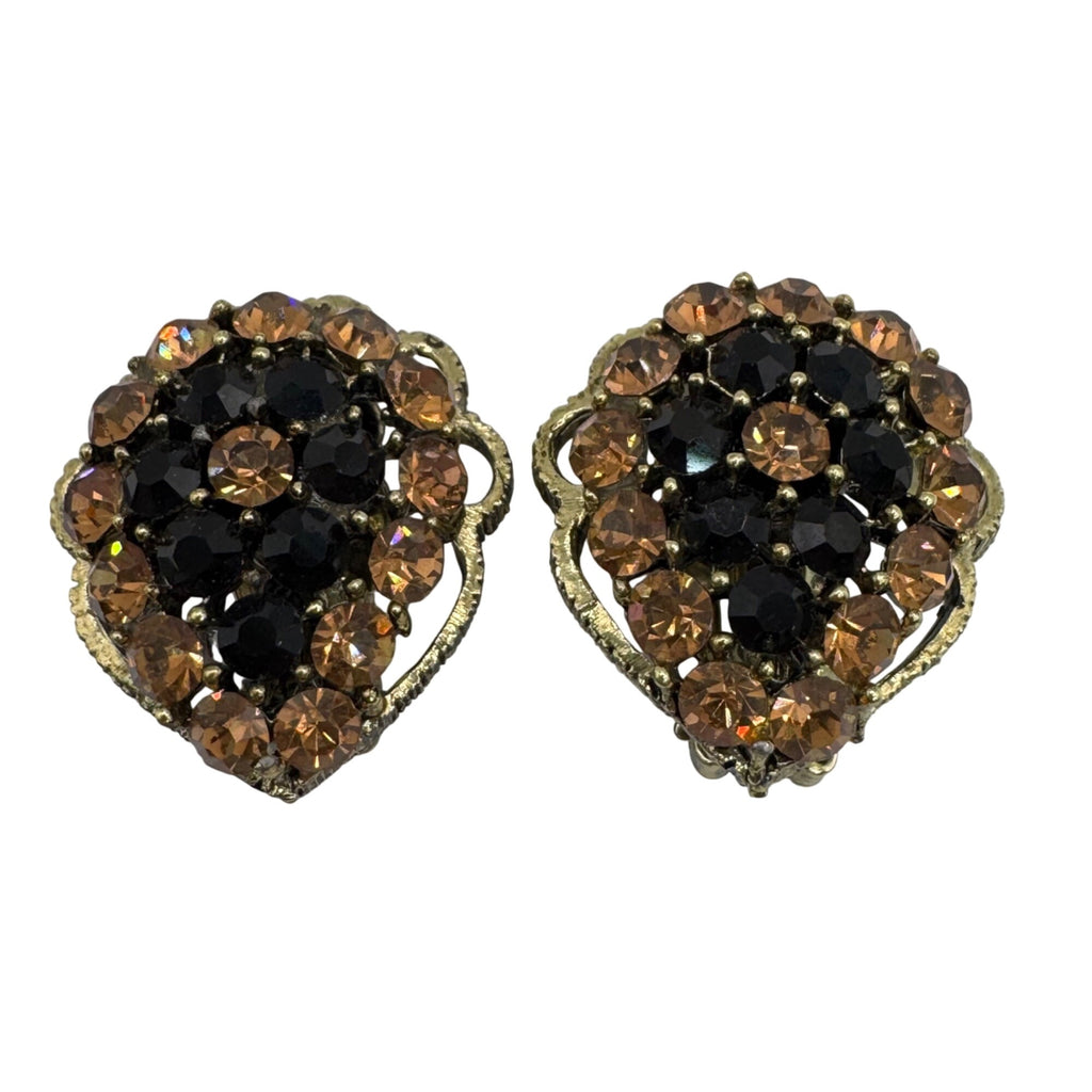 Vintage Weiss Clip-On Earrings Black Citrine AB Rhinestones Gold-Tone Floral 1"