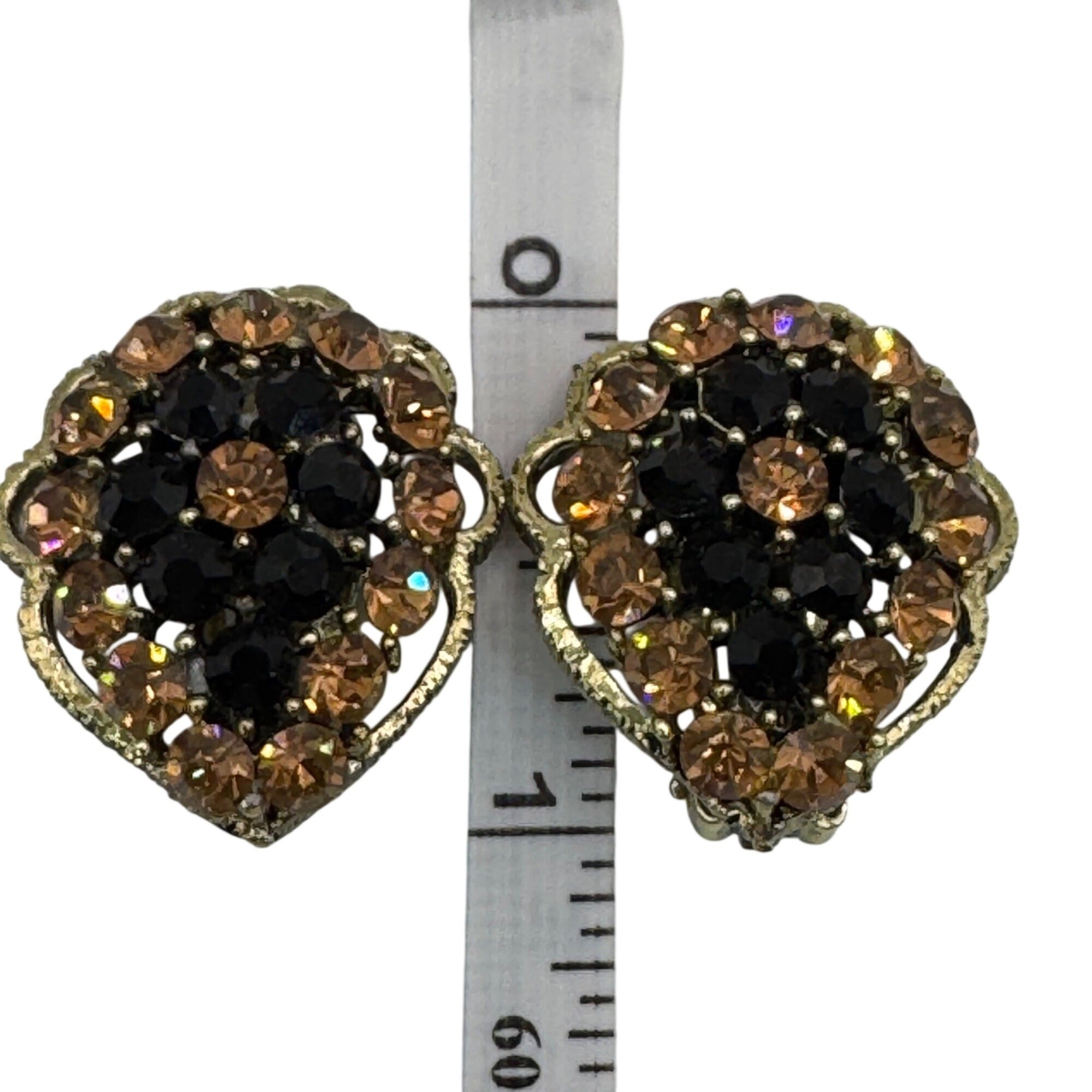 Vintage Weiss Clip-On Earrings Black Citrine AB Rhinestones Gold-Tone Floral 1"