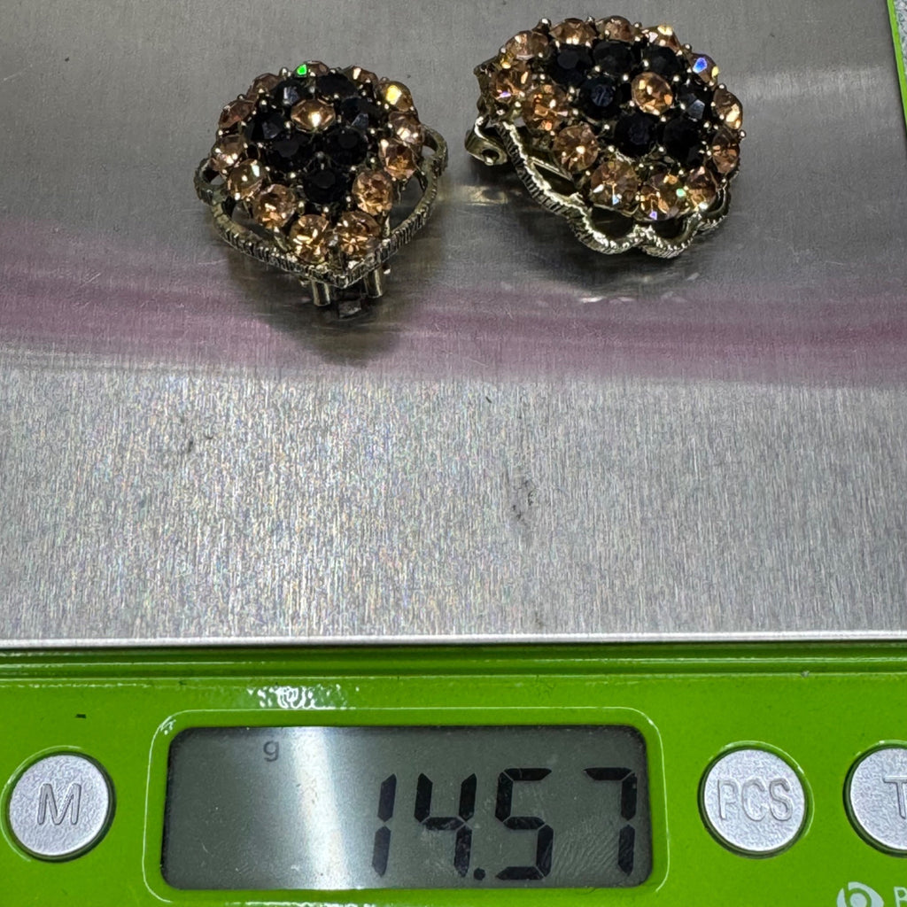 Vintage Weiss Clip-On Earrings Black Citrine AB Rhinestones Gold-Tone Floral 1"