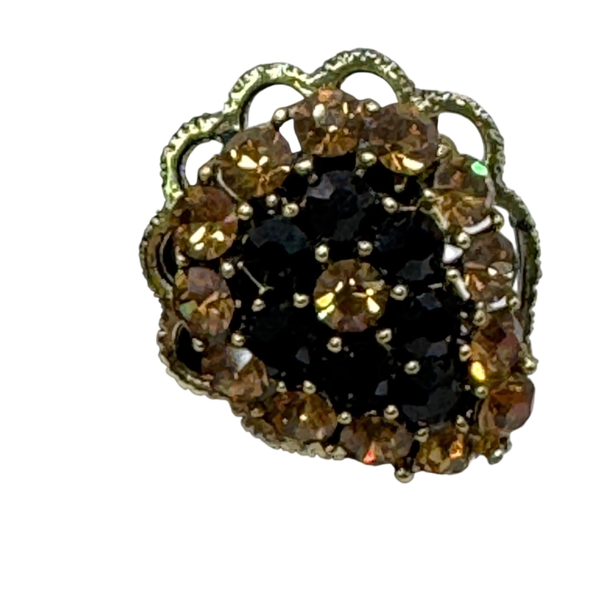 Vintage Weiss Clip-On Earrings Black Citrine AB Rhinestones Gold-Tone Floral 1"