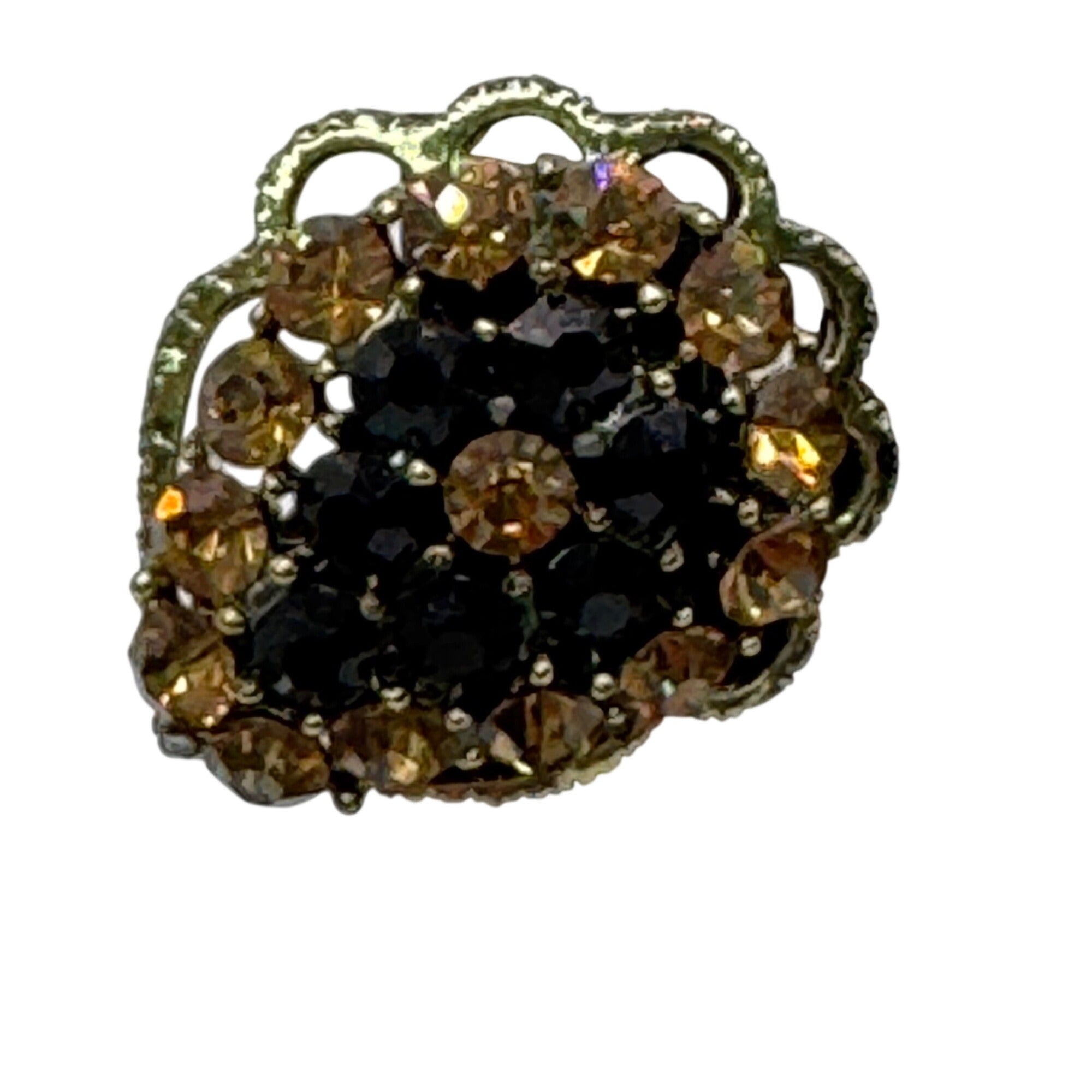 Vintage Weiss Clip-On Earrings Black Citrine AB Rhinestones Gold-Tone Floral 1"