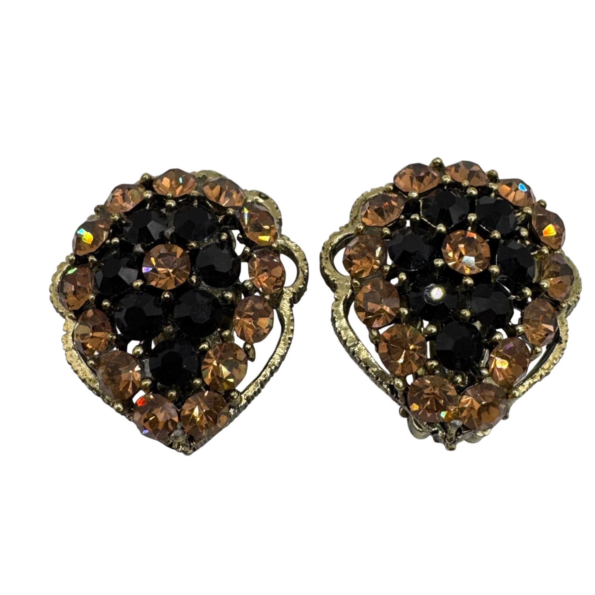 Vintage Weiss Clip-On Earrings Black Citrine AB Rhinestones Gold-Tone Floral 1"