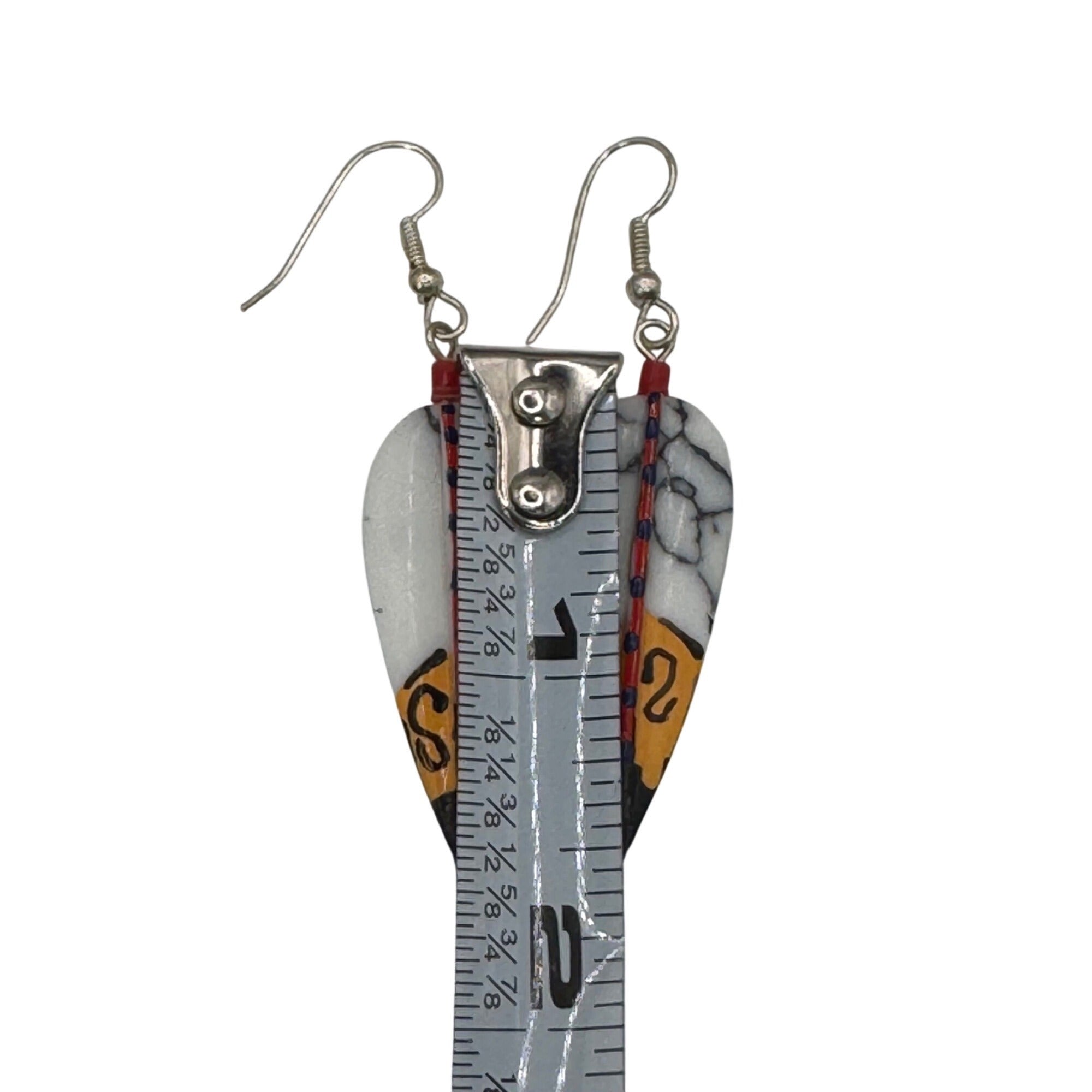 Carved Howlite Coral Bead Feather Dangle Earrings Painted Accents Vintage Native