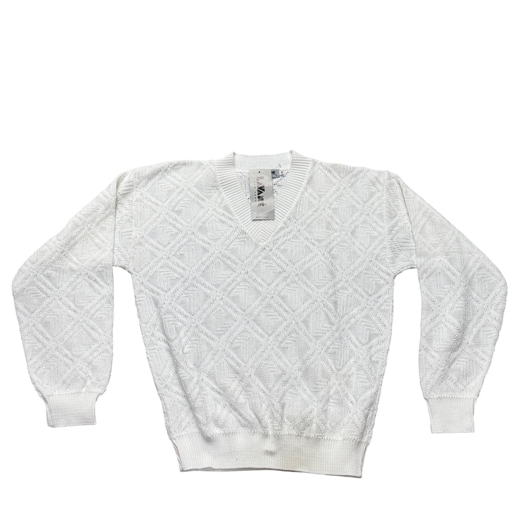 Lavane New York White V-Neck Sweater Medium Textured Diamond Pattern NEW Vintage