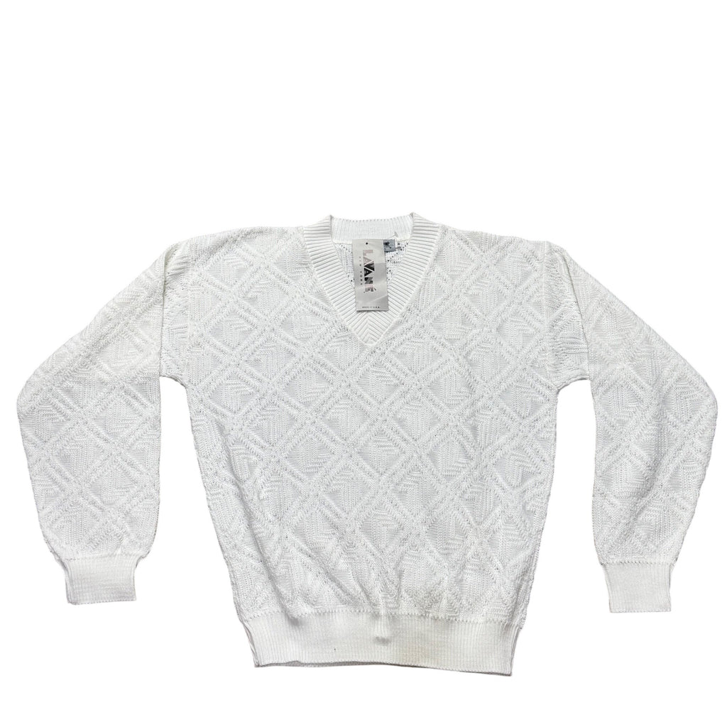 Lavane New York White V-Neck Sweater Medium Textured Diamond Pattern NEW Vintage
