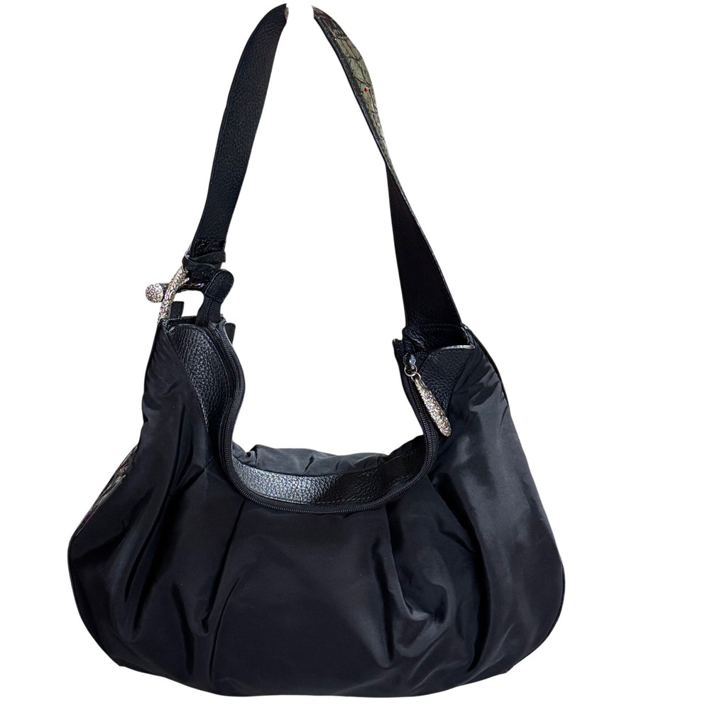 Brighton Black Croc Embossed Strap Slouch Hobo Bag Purse Handbag Y2K Heart Charm