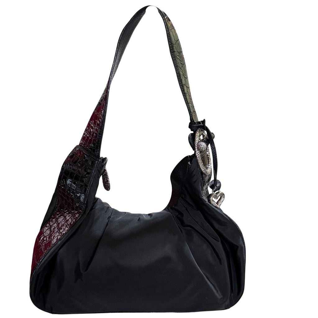Brighton Black Croc Embossed Strap Slouch Hobo Bag Purse Handbag Y2K Heart Charm