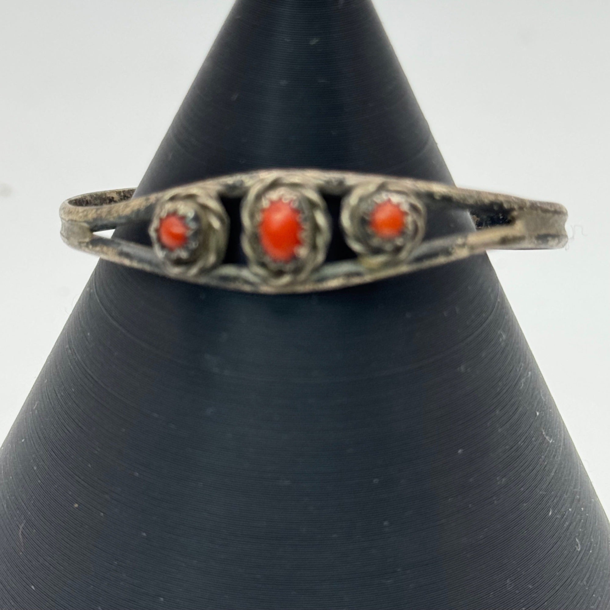 Vintage Sterling Silver Cuff Bracelet Child Boy Girl Navajo Coral Red Stones VTG