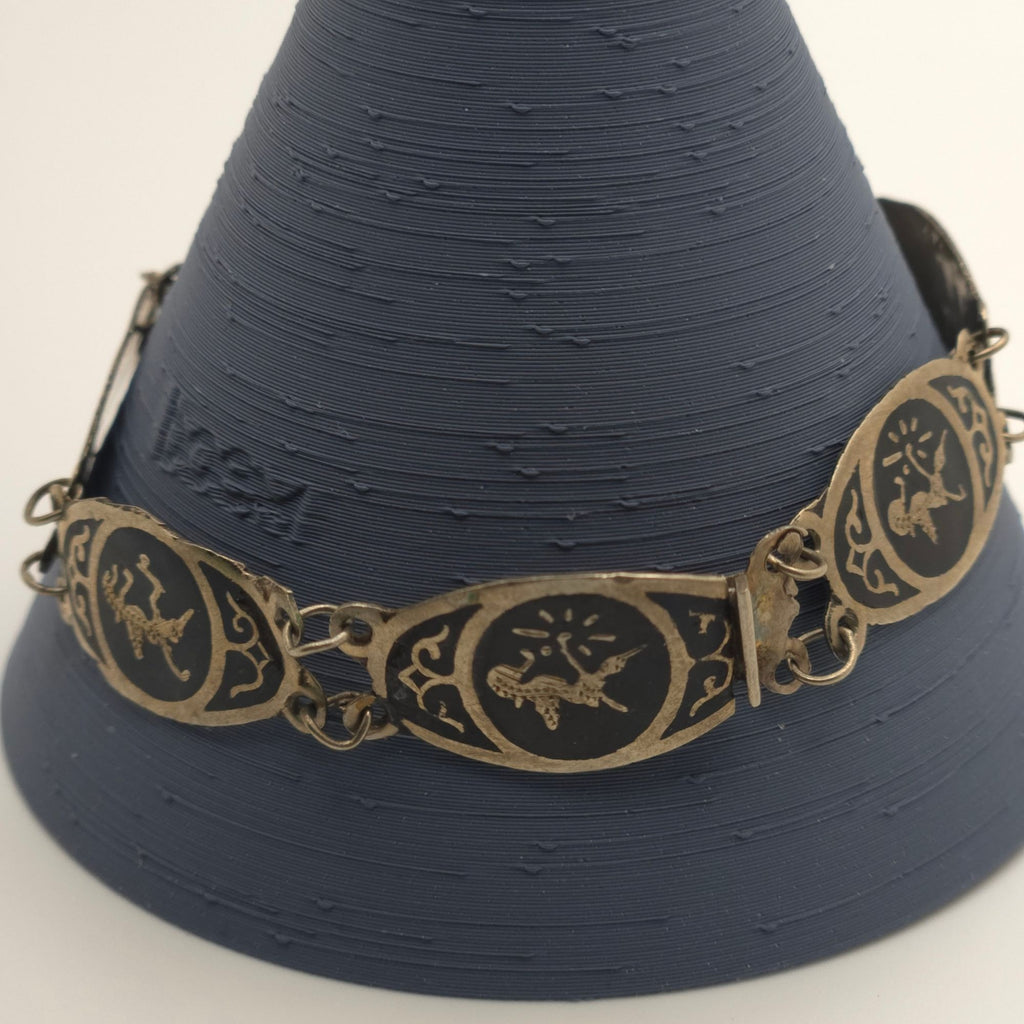 Siam Sterling Panel Bracelet Vintage Silver Black Enamel Link Bracelet 7.5" 9.11g