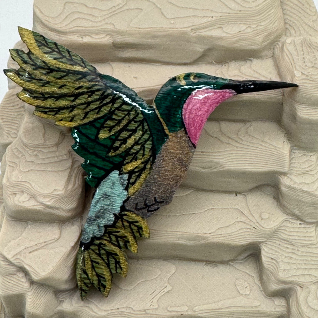 Signed Hummingbird Brooch Wood Handpainted  Pin Signed L Proper Painted 2.49g