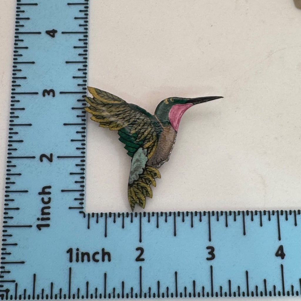 Signed Hummingbird Brooch Wood Handpainted  Pin Signed L Proper Painted 2.49g