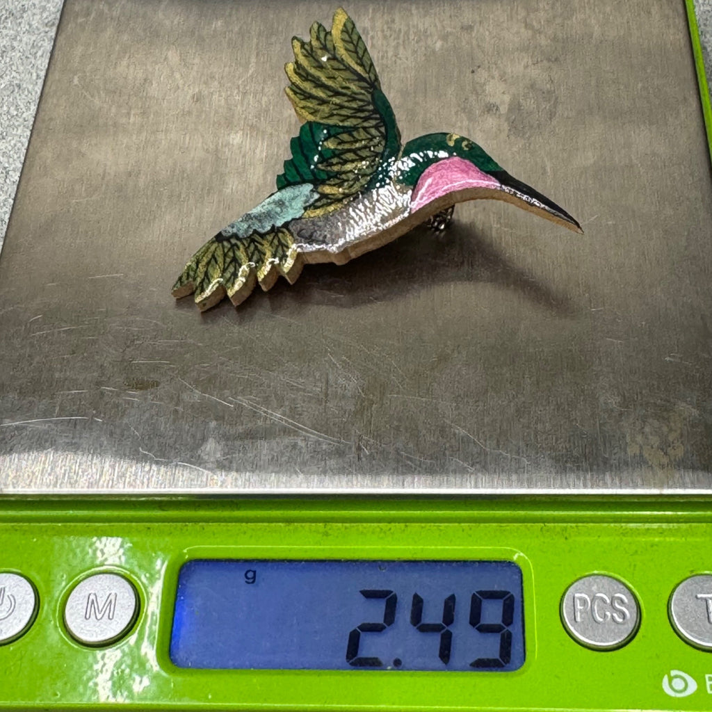 Signed Hummingbird Brooch Wood Handpainted  Pin Signed L Proper Painted 2.49g