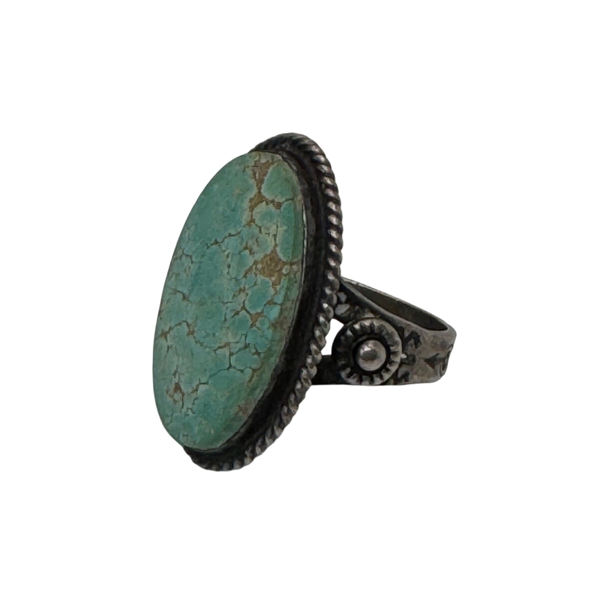 Vintage Navajo Sterling Silver Spiderweb Turquoise Ring Ornate Band Size 6 Oval